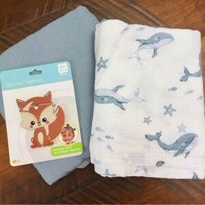 Baby Bundle 2 Swaddle Blankets & the Cutest Silicone Teether